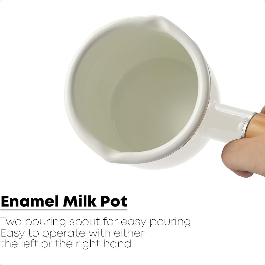 0.6qt Mini Enamel Milk Pot Insulated Wooden Handle 2 Pour Spouts Small Food Warmer Cute Saucepan D015White