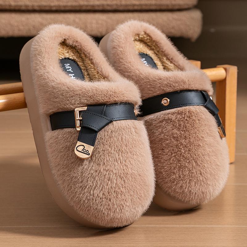Women's Fluffy Plush Cotton Slippers - Fashionable Buckle, Anti-Slip, Super Warm, Non-Shedding, Thick Sole, Furry Autumn/Winter Style.