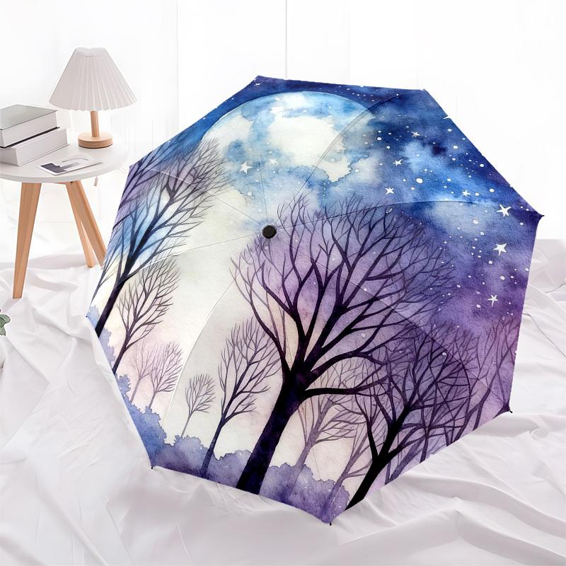 1pc Moonlit Forest Automatic Folding Umbrella, Heavy Duty 8 Rib Iron Frame, Suitable for Travel, Daily Use, Birthday, Decor Gift 39