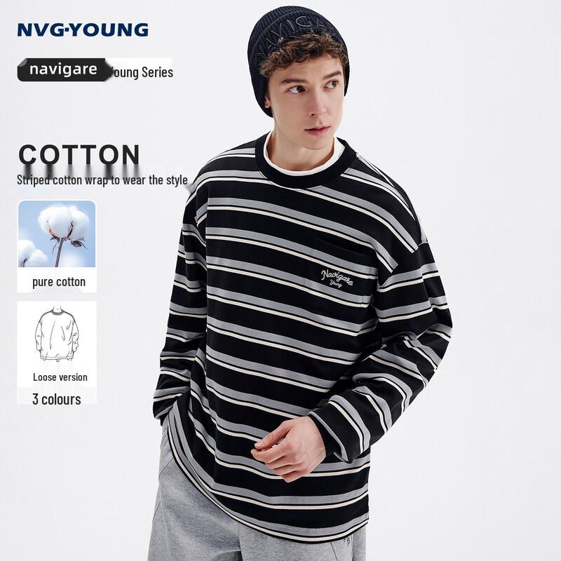 

NVG·YOUNG Men s Casual Striped Cotton Long-Sleeve T-Shirt M