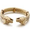 Gotisch Goldfarbe Edelstahl Wolf Löwenkopf Offener Armreif Manschettenarmband für Mann Herren Männlich am Handgelenk Schmuck Zubehör