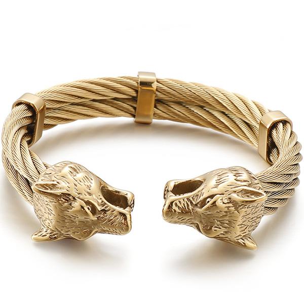 Gotisch Goldfarbe Edelstahl Wolf Löwenkopf Offener Armreif Manschettenarmband für Mann Herren Männlich am Handgelenk Schmuck Zubehör