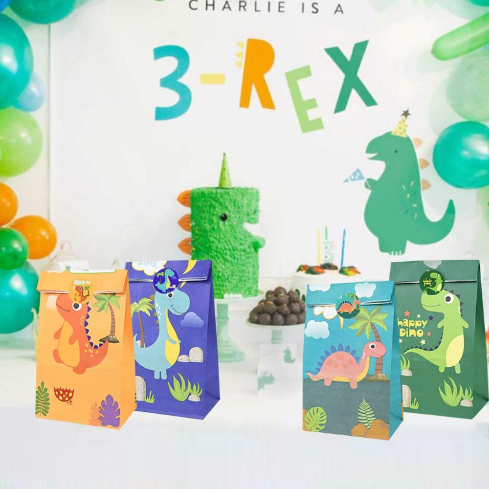 12Pcs With Stickers Gift Paper Bags Dino Roar Candy Cookies Packaging Bag  Party Favors Decoration