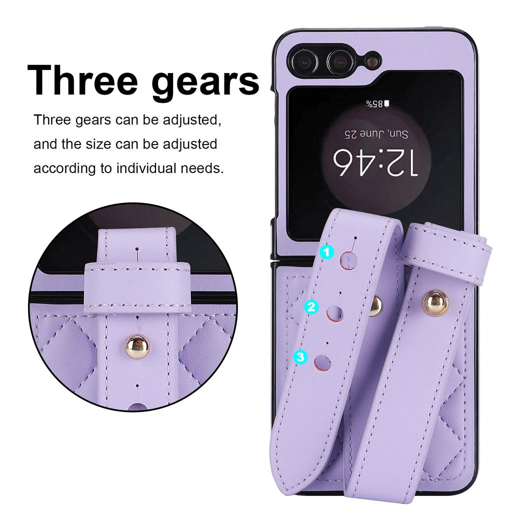 For Samsung Galaxy Z Flip 5 4 3 Case Elegant Soft Plain Leather Wrist Strap Holder Shockproof Protective Back Cover Accessories