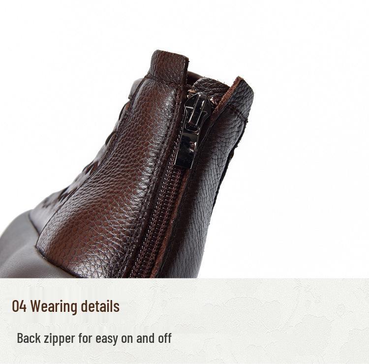 Women's Retro Handmade Genuine Leather Platform Ankle Boots - 2025 Design, Knitted Thick Sole, First Layer Cowhide Cotton Boots