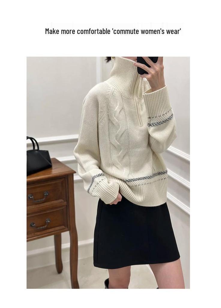Autumn/Winter 2025 Women's High Neck Wool Cable Knit Sweater - Zipper, White/Gray, Warm Niche Design