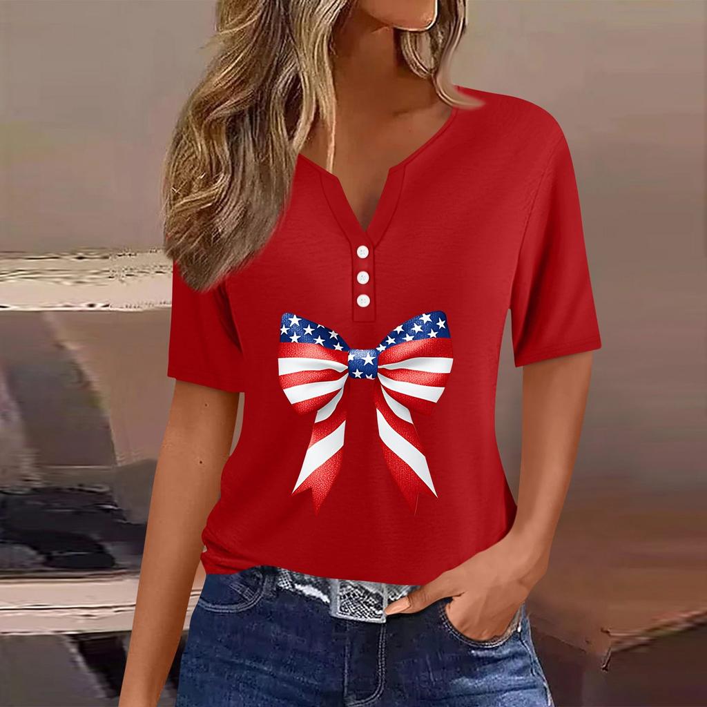 Women's T Shirt Tee Independence Day Print Button Short Sleeve Daily Weekend Fashion Basic V-Neck Regular Top