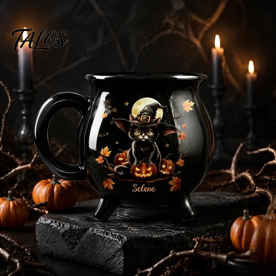 Decorazione Casa Stregoneria Magica Tazza Caldaia Strega di Halloween, 350ml Pentola Magica Vintage Gotica a 3 Gambe, Tazza per Caffè Gatto Nero Tazza in Ceramica E