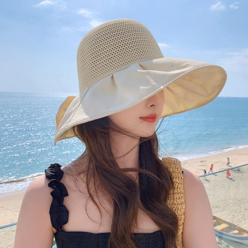Hat Female Travel Color Glue Bucket Hat Mesh Bow Sun Hat New Sun Hat Tide