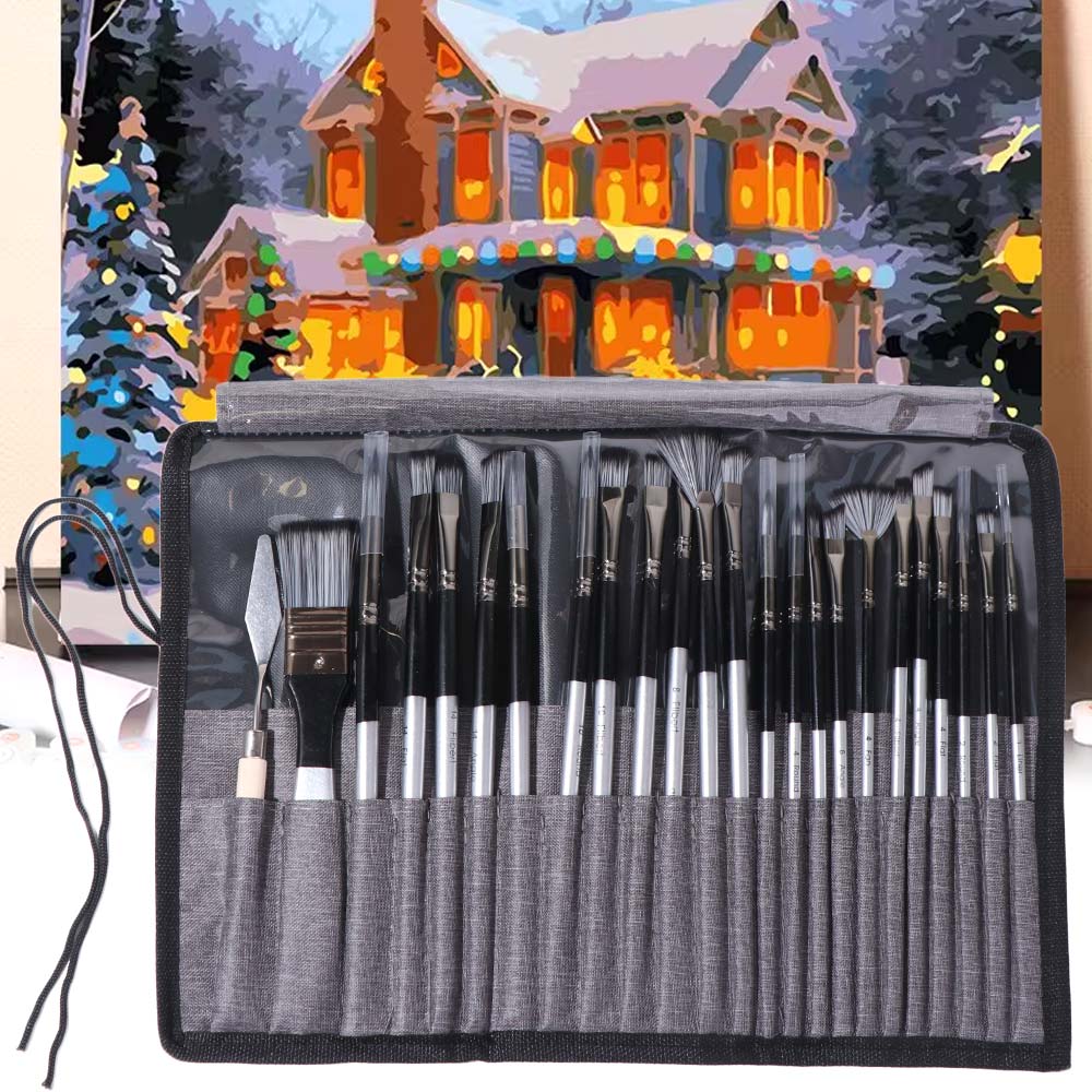 24pcs/set Wooden Handle Nylon Brush Set Nylon Hair Oil Painting Brushes  Canvas Painting
