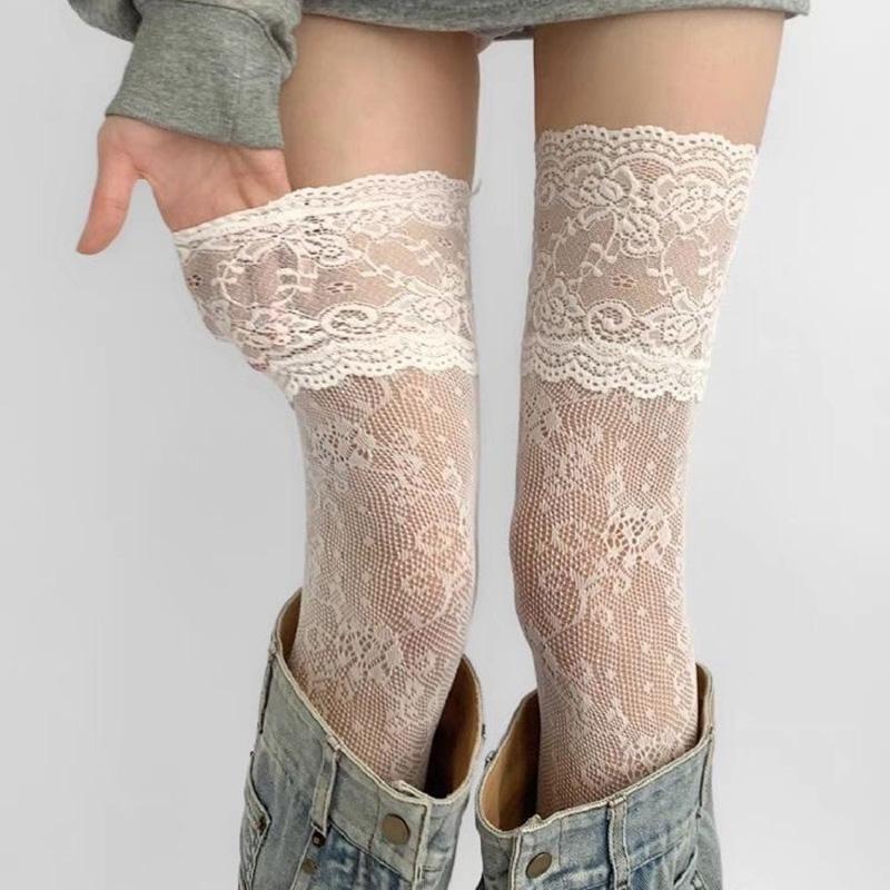 Bas d'été pour femme en maille florale et dentelle, montants jusqu'à la cuisse, au-dessus du genou, style Lolita, chaussettes longues pour jambe de fille One Size beige