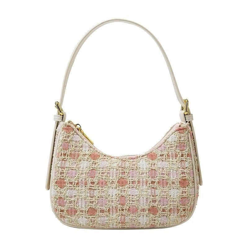 

Sweet Pink Woven Crescent Underarm Bag Women Retro Color Block Shoulder Bags Ladies Elegant Fashion Casual Commute Handbag 2025 22x12x7cm рожевий