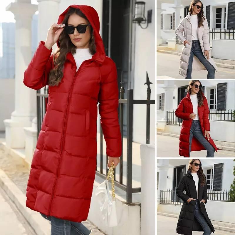 Women's Long Hooded Cotton Jacket Winter Warm Stylish Slim Fit Down Coat Available In Black Red Khaki