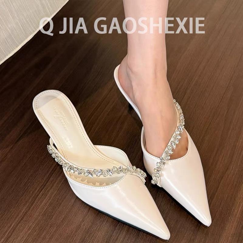 

Fashion Beautiful Silver Pointed Toe High Heels 2025 New Chain Baotou Sandals Semi-slippers Women s Outer Wear 35