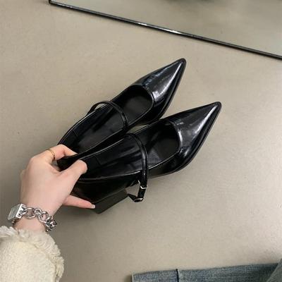 Temperament Pointed Single Shoes Women's New Spring and Autumn One-word Buckle Shallow Mouth Mary Jane Small Leather Shoes