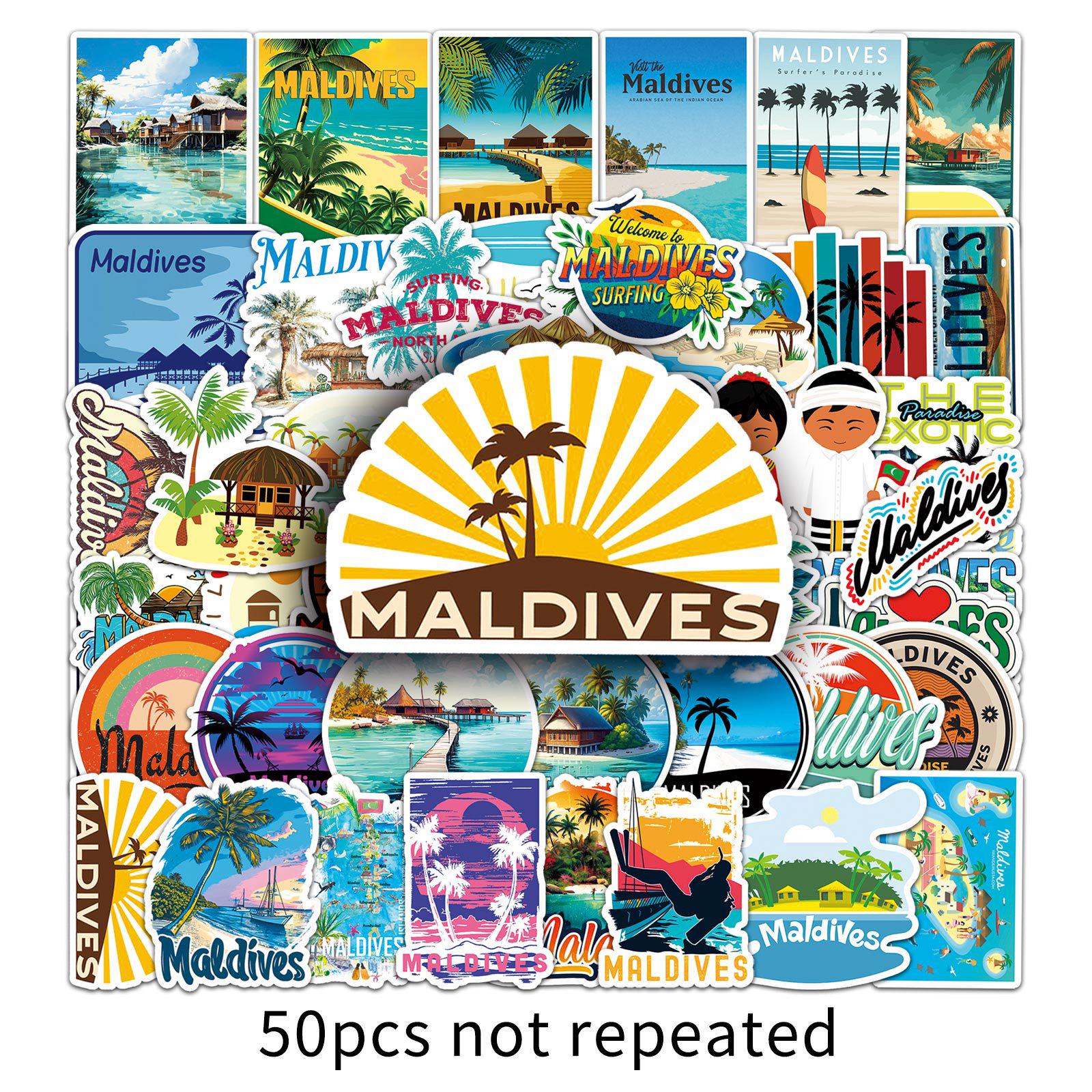 

50 Maldives Cartoon Scenery Stickers: Waterproof Travel & Diary Decoration