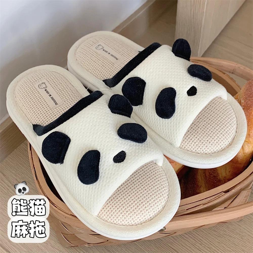 Panda Linen Slippers For Women Man Four Seasons Indoor Anti Slip Soft Sole Cute Stillness Floor Slipper For Couple