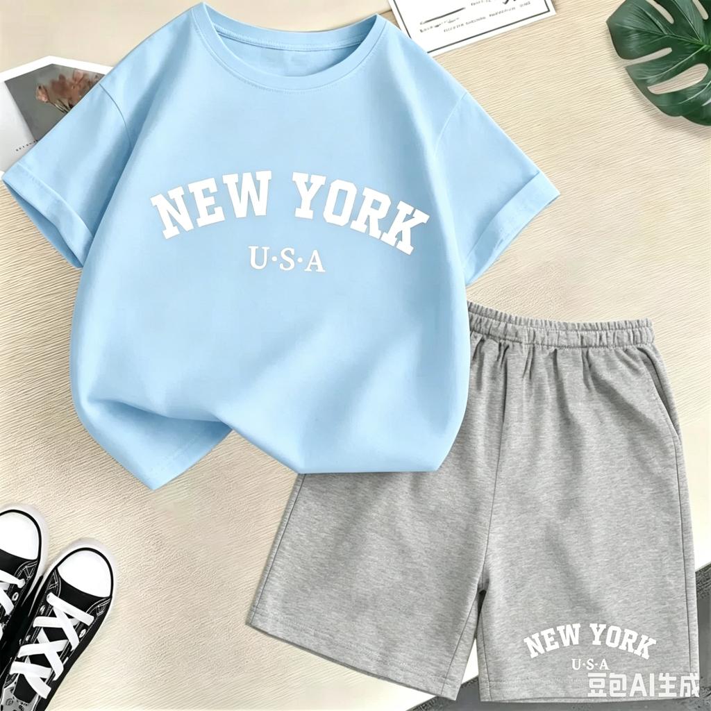 2026 New Kids Boys Girls New York Letter Pattern Polyester T-shirt+Shorts 2-Piece Set Casual Daily