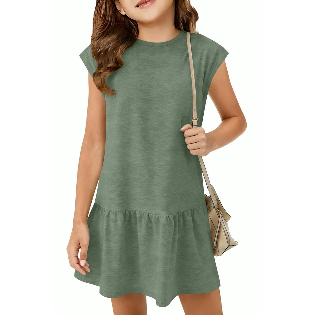Children's Fashion Dress, Ruffle Mid-length Round Neck Casual Loose Dress