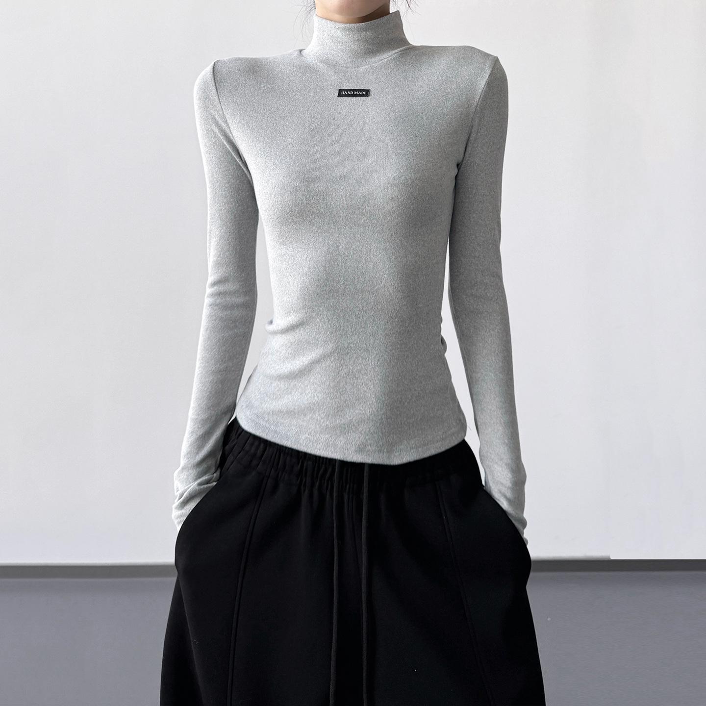 Women s Black High Neck Long Sleeve Slim Fit Top, 2025 Autumn/Winter Collection Small серый