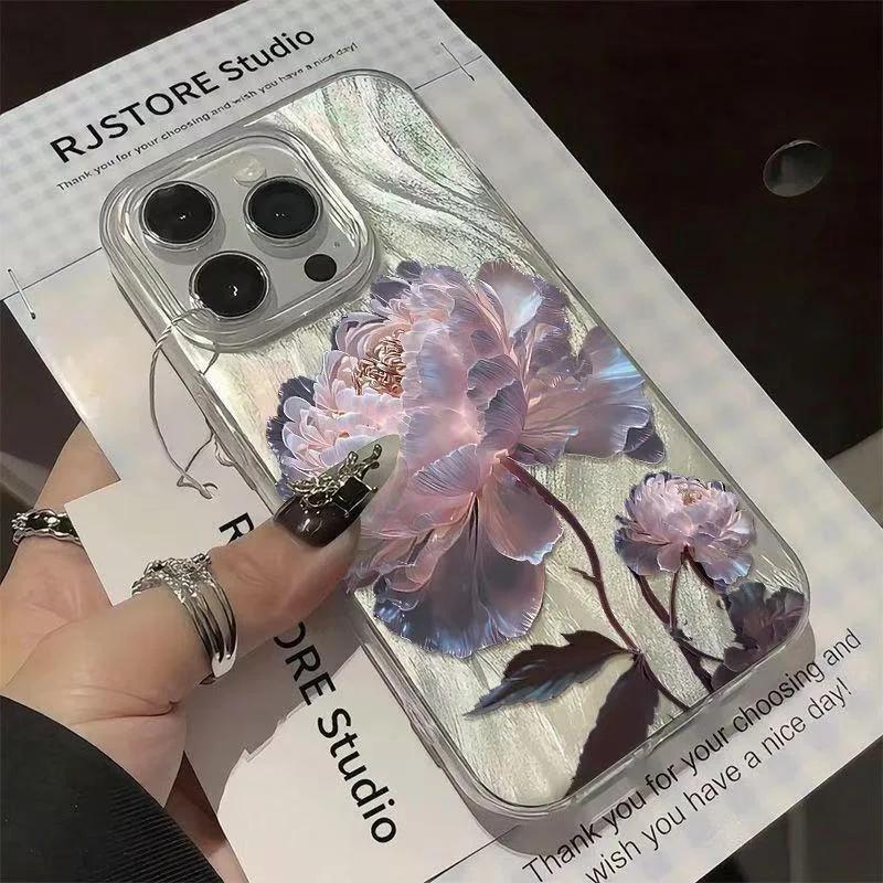 Pink Peony Lotus Print Phone Case for IPhone 16 15 14 13 12 11 Pro Max 15 Pro XS XR 7 8 Plus 16e Shockproof Silver Plated Cover
