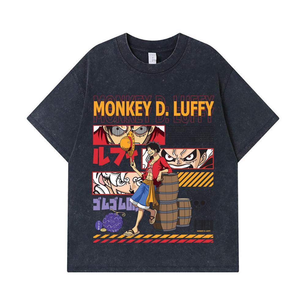275 GSM Washed T-shirts 100% Cotton One Piece V27 Luffy Print Unisex Heavy Cotton T Shirt