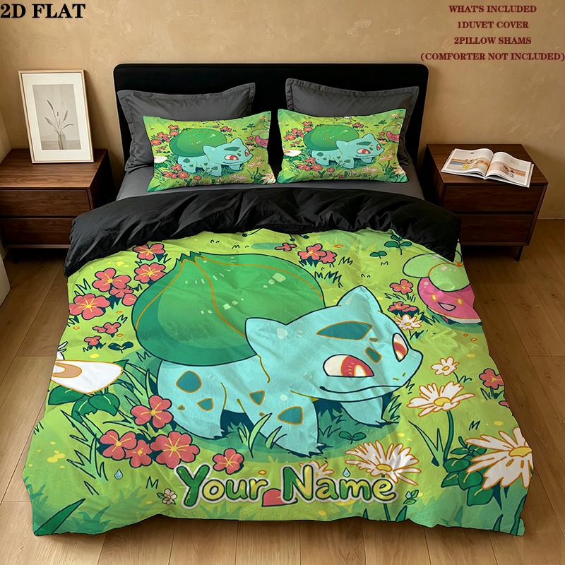 Custom Name,Bulbasaur Pattern Bedding Home Decoration Birthday Gift ( 1 duvet cover + 2 pillowcase, without core),fan merchandise.