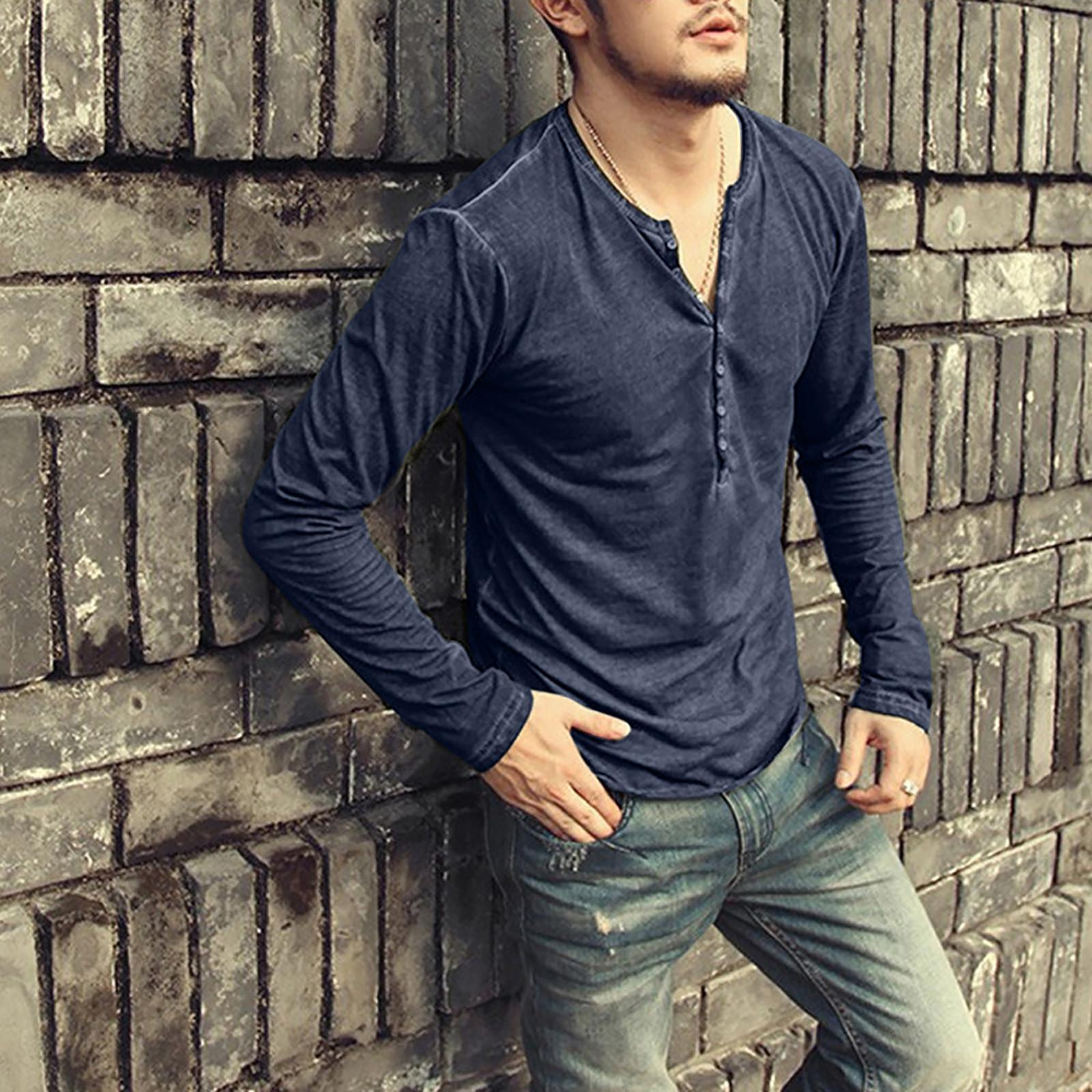 

Men s Cotton Shirt - V-neck With Button Placket Plain Casual Shirt Long Sleeve XXXXXL синий