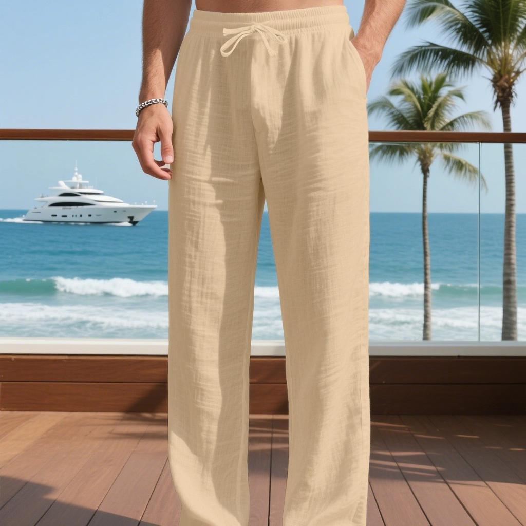 Crazy Muscle Men's Linen Trousers Breathable Straight Loose Drawstring Strap Pants Multi-Color Optional Jogging Pants