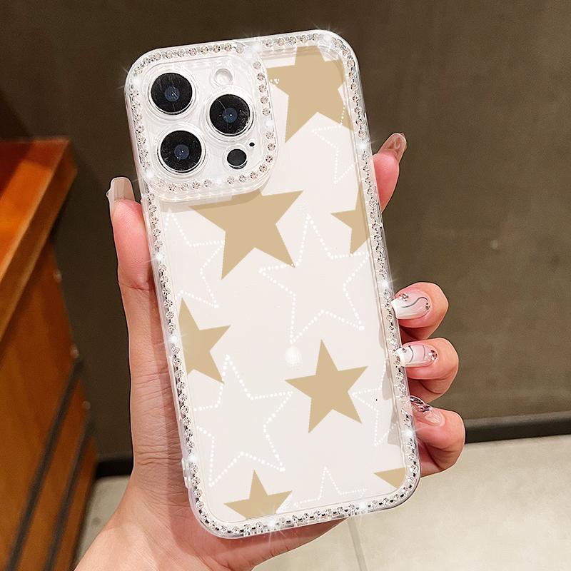 Stars Pattern Diamond Frame Clear Soft Silicone Case For iPhone 16 Pro Max 16E 15 14 Pro 13 12 11 Lens Protection Shockproof Phone Cover