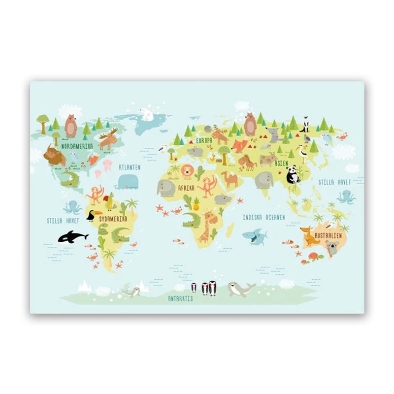 Poster de artă de perete pentru creșă, hartă a lumii animale, pictură pe pânză de desene animate pentru dormitor pentru copii, imagini scandinave, decor pentru cameră de copii