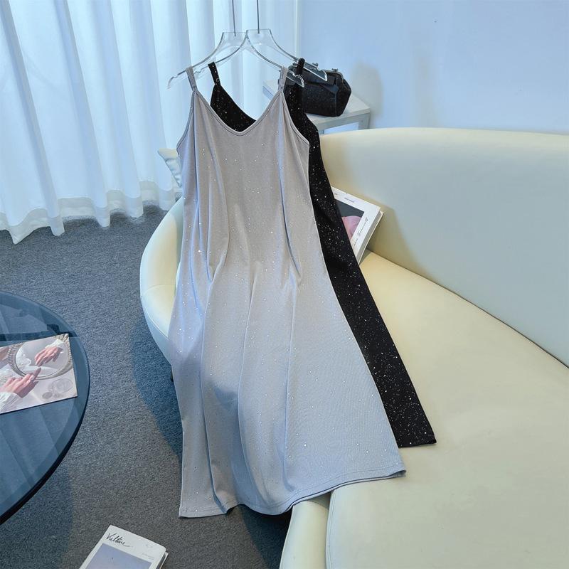 

2025 Spring/Summer Ribbed Silver Thread High Stretch Slimming Camisole Dress for Plus Size Women 5XL (Recommended weight 160-180 jin) серебряный серый