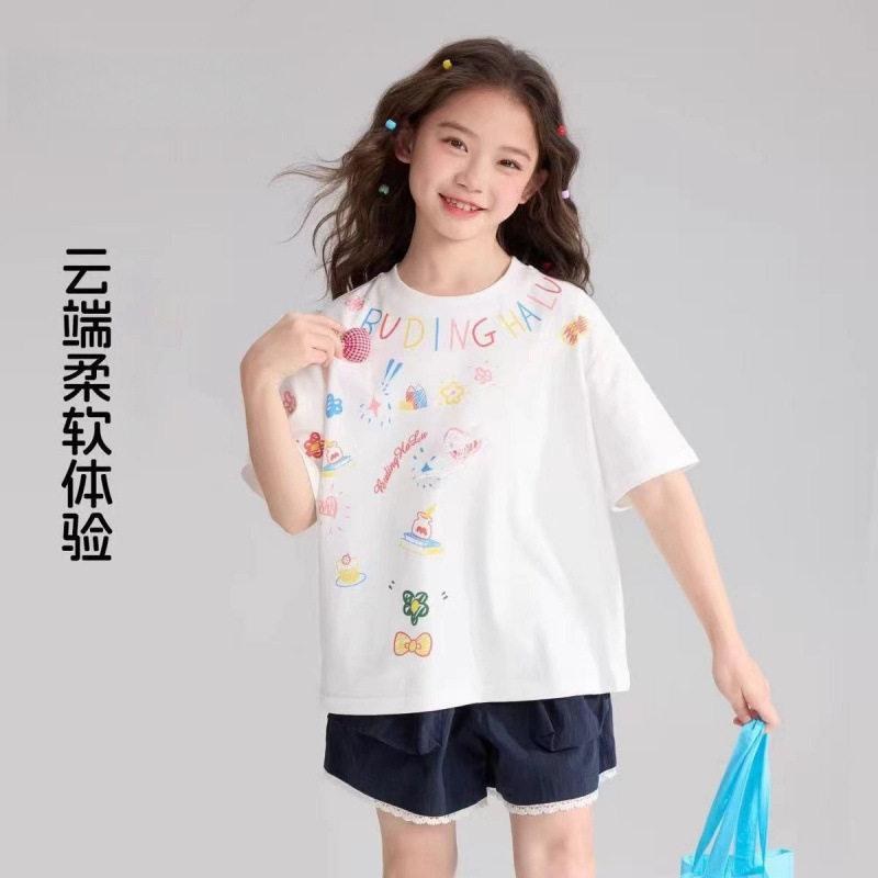 Girls Summer Cotton Short Sleeve T Shirt Sweet 3D Bow Cartoon Print Cute Kids Top 110