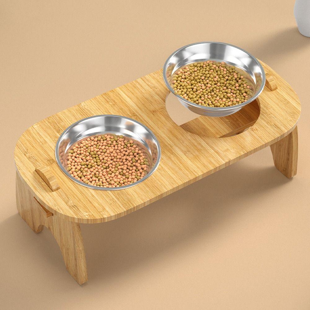 Wooden Stand Holder Raised Pet Bowl Stainless Steel Bowl Dog Feeder Dish  Small Dogs