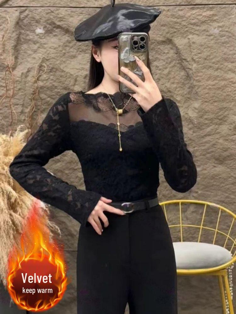 Elegant Lace Shirt for Women, Fleece-Lined Patchwork Base Layer Top for Autumn Winter