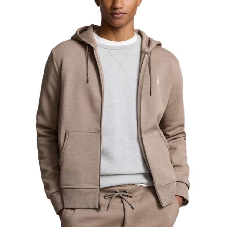 Polo Ralph Lauren Ss24 Jednobarevná mikina s kapucí na zip s výšivkou loga Dlouhý rukáv Pánské mikiny Tmavě šedohnědá MNPOKNI16823458-200