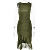 Ladies Sexy Tight Open Back Pleated Midi Dress Sleeveless Irregular Hem Dress Slim Dress