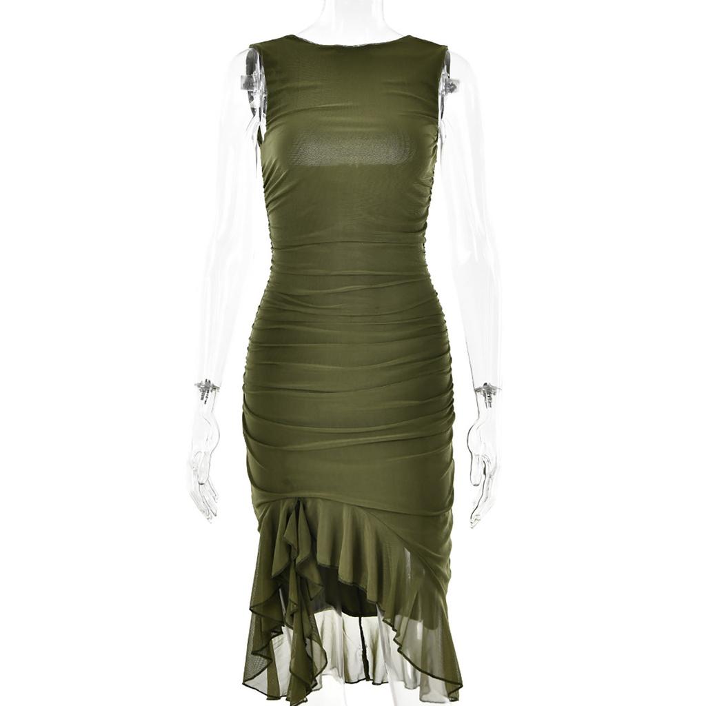 Ladies Sexy Tight Open Back Pleated Midi Dress Sleeveless Irregular Hem Dress Slim Dress