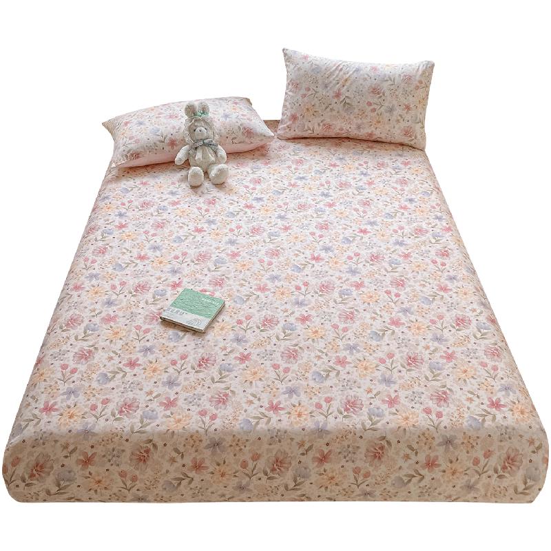 Hongdou 100% Cotton Floral Fitted Sheet & Mattress Protector 150 x 200 cm (fits 5-25cm mattress)