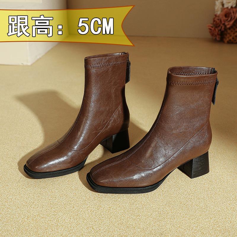 Women's Winter Boots Medium Boots 2025 New High Heel Short Boots Women's Brown Martin Boots Square Head Skinny Boots Thick Heel