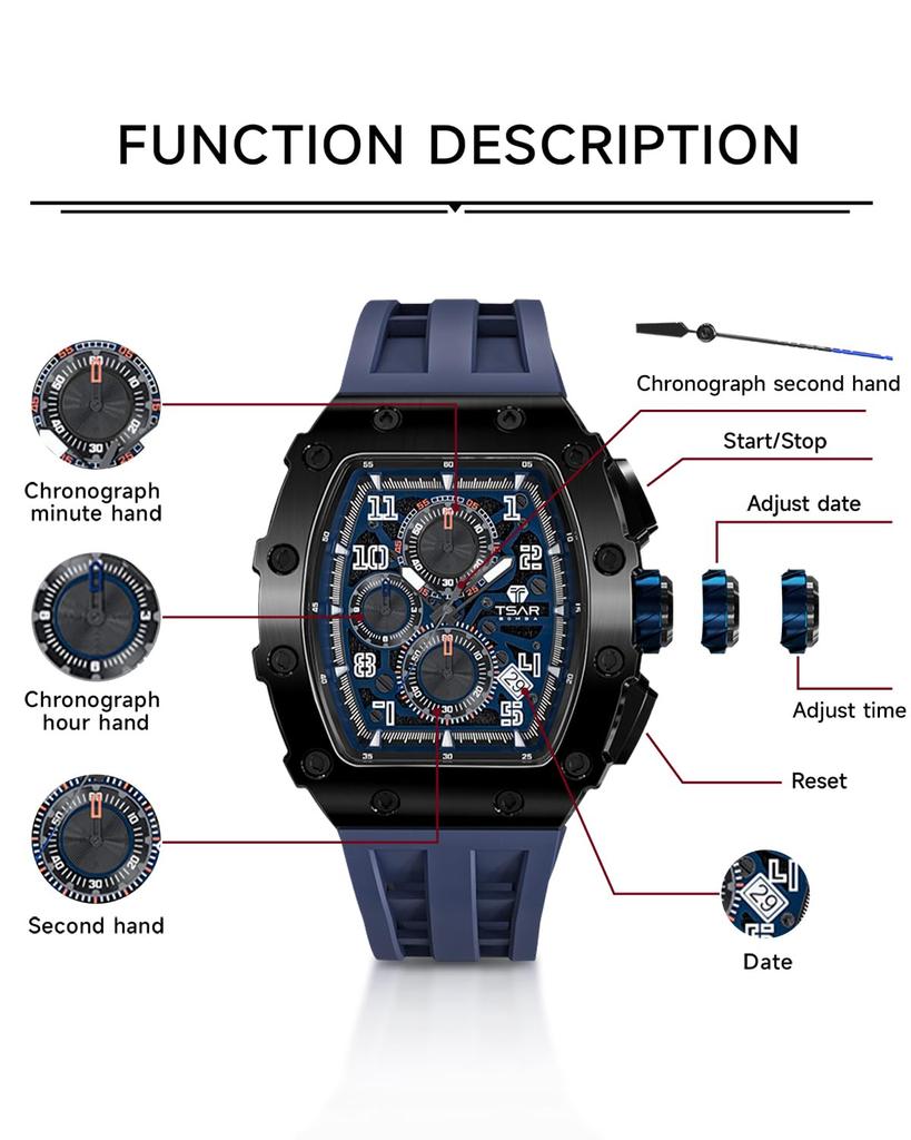 TSAR BOMBA Men's Quartz Watch Japanese Movement Tonneau Case Sapphire Crystal Silicone Strap 50M Water Resistant