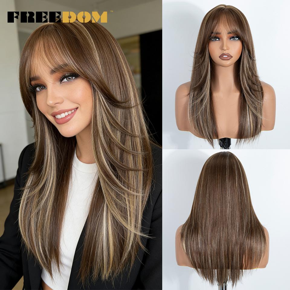 FREEDOM Gerade Geschichtete Synthetische Spitze Front Perücke Mit Pony 20 Zoll Ombre Braun Blond Vorgeschnittene Spitze Perücken Rosa Cosplay Perücke