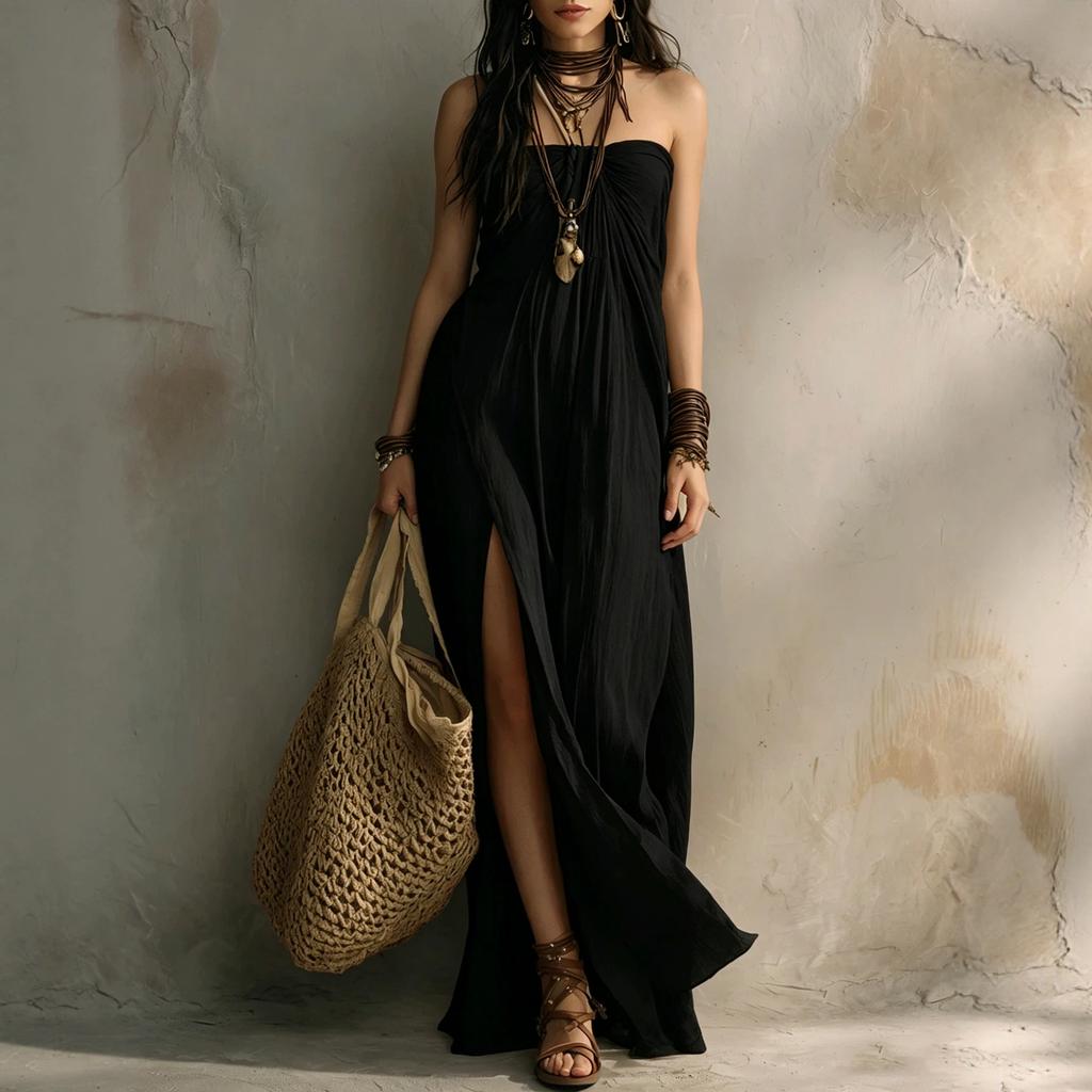 Vestido Maxi Boho Feminino Tomara-que-caia Tubinho Fenda Solto Casual Férias Longo de Praia