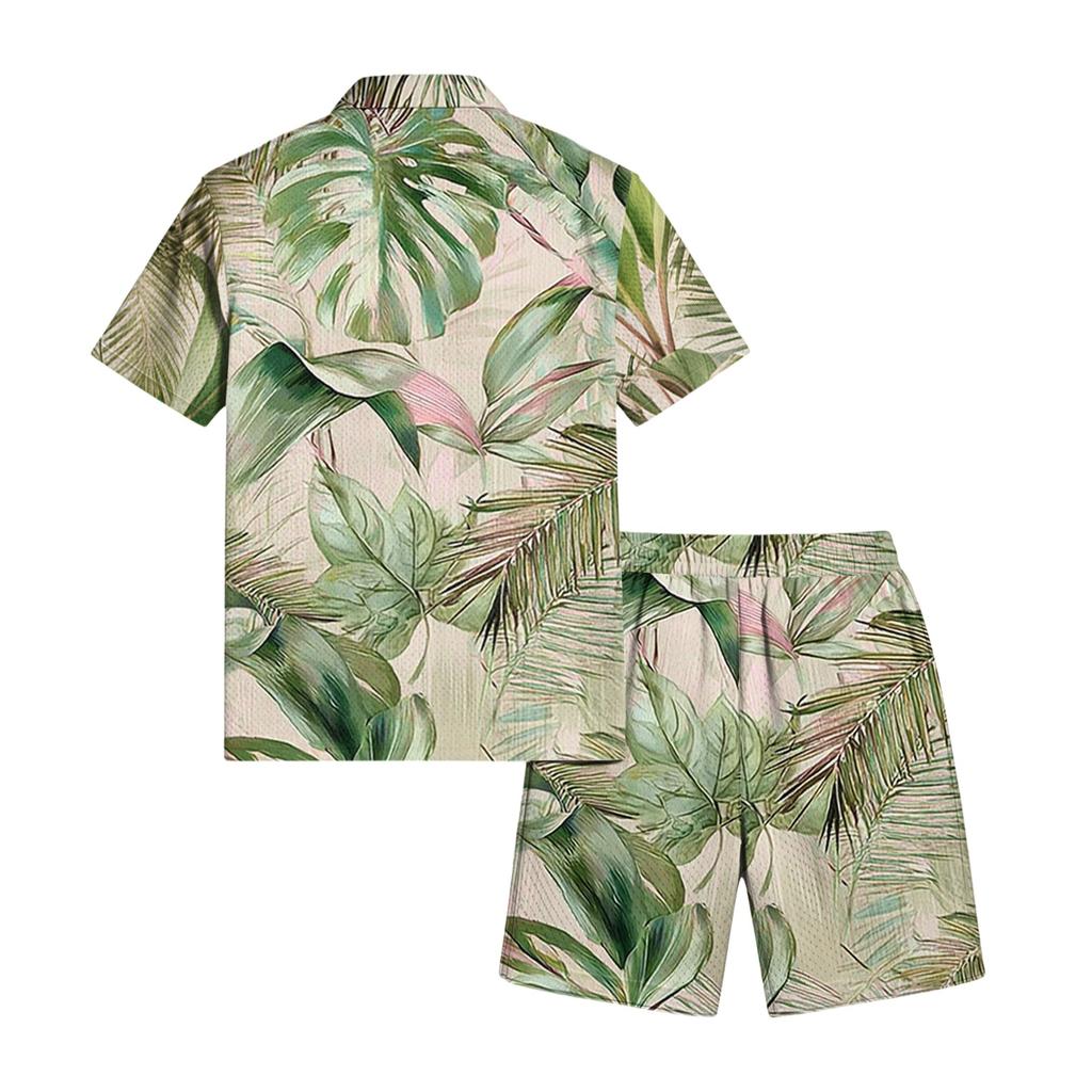 Men's Casual Printed Lightweight Breathable Shirt and Drawstring Shorts Set