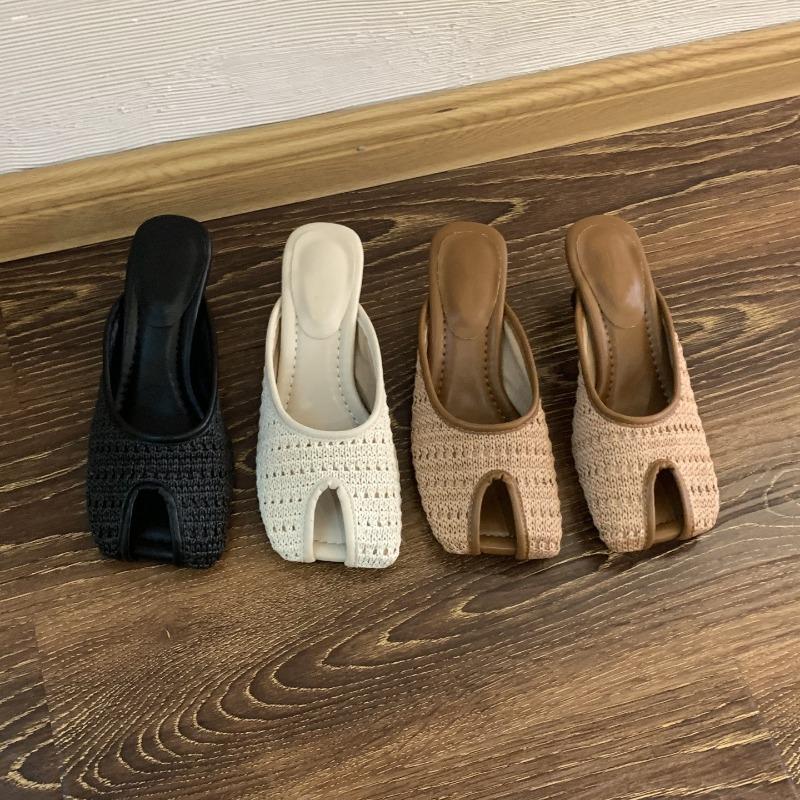 Summer New Woven Baotou Slippers Women's Fashion Square Toe Shallow Mouth Open Toe Non-slip Special Heel Sandals