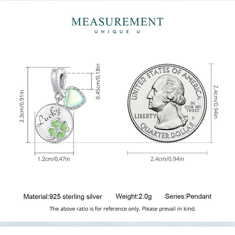 Bamoer 925 Sterling Silver Four-leaf Clover Hanging Bead Green Heart Pendant Charms for Women Bracelet DIY Fine Jewelry