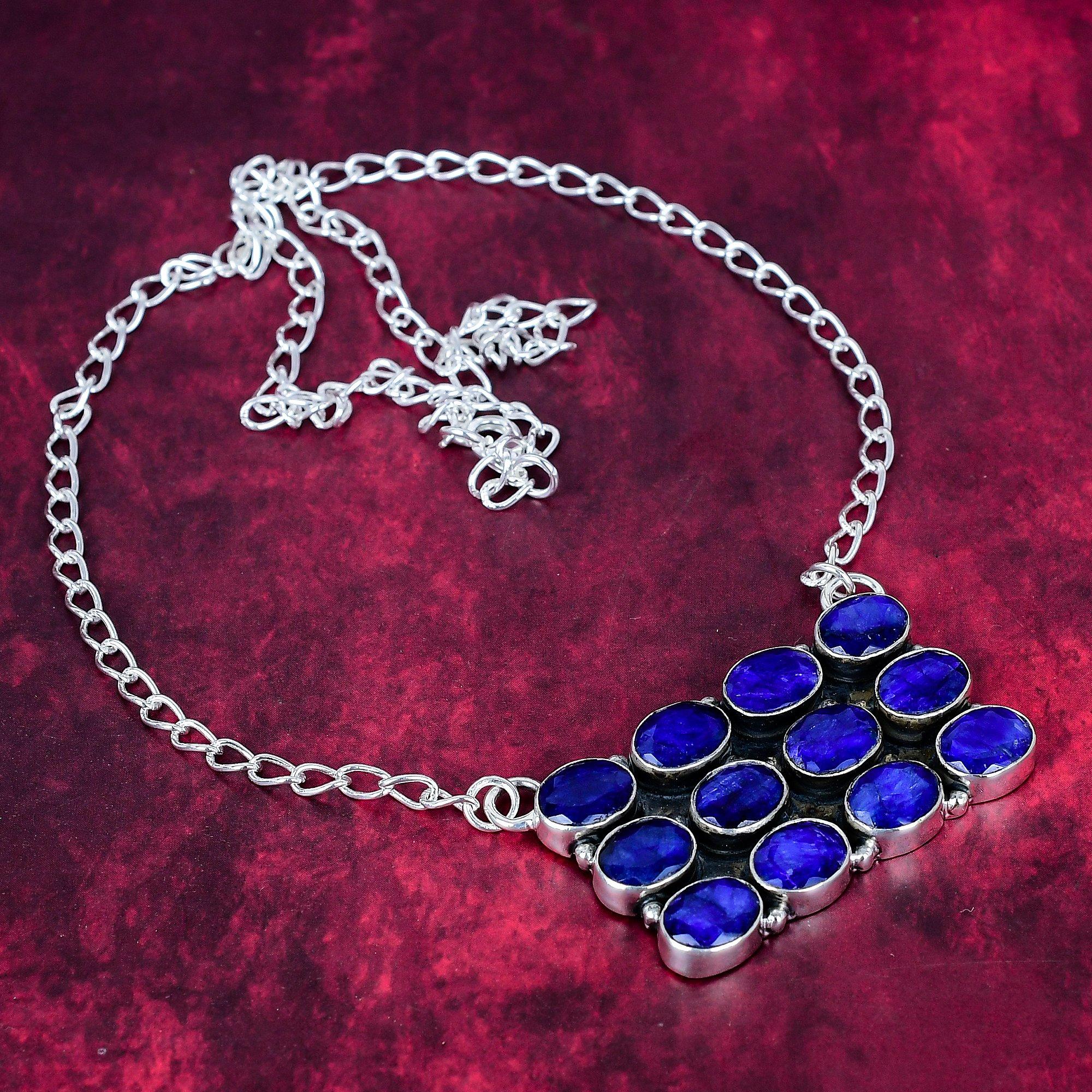 

Ожерелье с синим сапфиром, ожерелье ручной работы с драгоценными камнями, ожерелье из цельного серебра 925 пробы, старинные ювелирные изделия, для подарка на помолвку синий