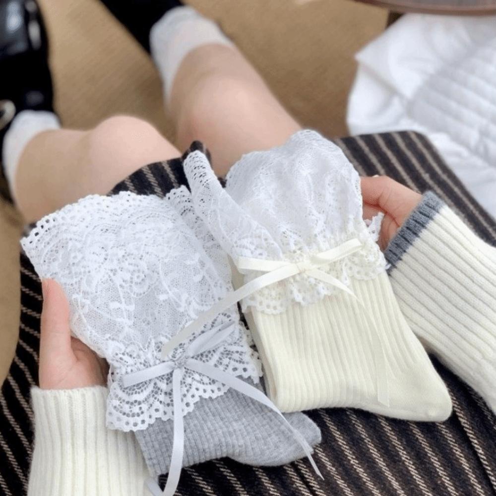 Ballet Style Lace Edge Socks Bow Mid Calf Socks Piles Socks Lolita Socks Boot Socks