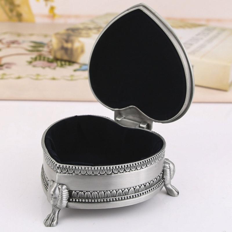 Heart Shape Jewelry Storage Box Ancient Silver Inlaid Gem Organizer Alloy Storage Jar Earrings Ring Unique Gift for Family