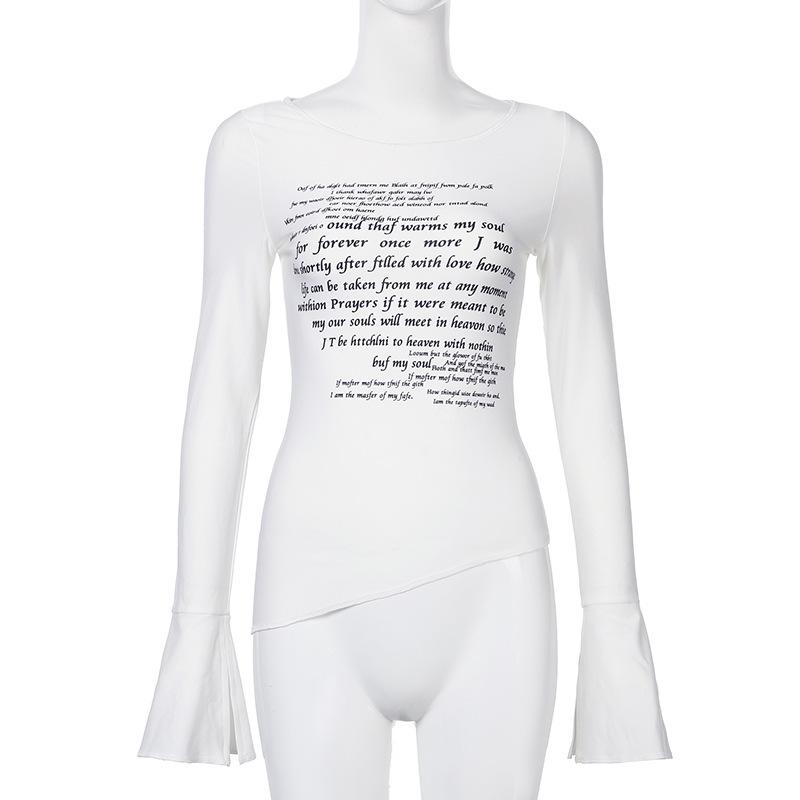 Kryddig tjej basic stickad slim fit rund hals bokstavstryckt slits långärmad T-shirt för kvinnor